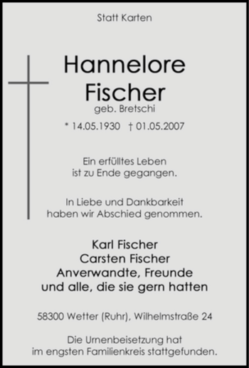 Traueranzeige von Hannelore Fischer von Tageszeitung
