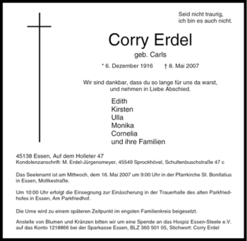 Traueranzeige von Corry Erdel von Tageszeitung