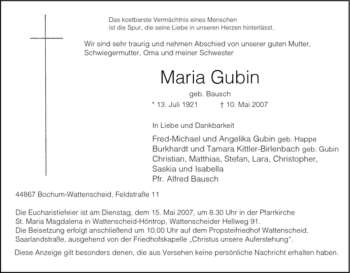 Traueranzeige von Maria Gubin von Tageszeitung