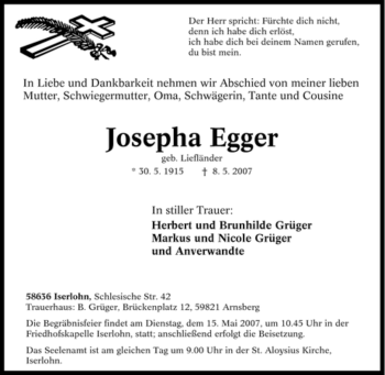 Traueranzeige von Josepha Egger von Tageszeitung