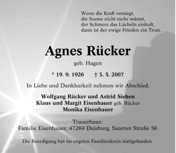 Traueranzeige von Agnes Rücker von Tageszeitung