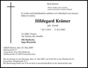 Traueranzeige von Hildegard Krämer von Tageszeitung