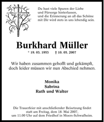 Traueranzeige von Burkhard Müller von Tageszeitung