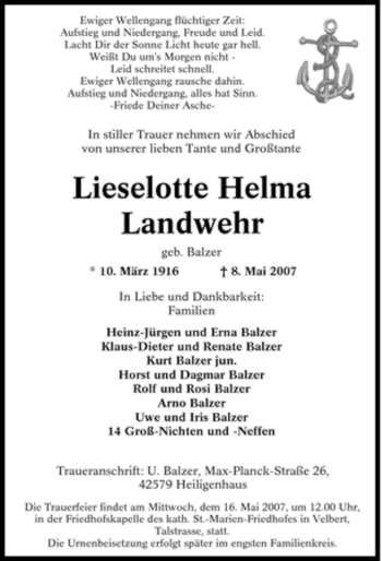 Traueranzeige von Lieselotte Helma von Tageszeitung
