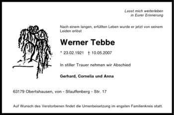 Traueranzeige von Werner Tebbe von Tageszeitung