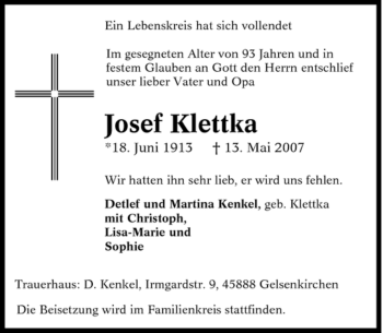 Traueranzeige von Josef Klettka von Tageszeitung