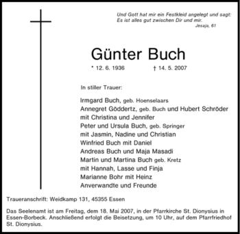 Traueranzeige von Günter Buch von Tageszeitung