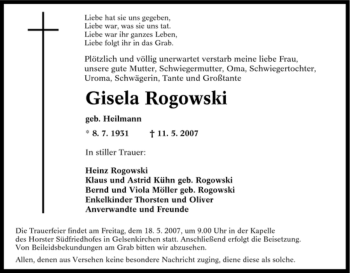 Traueranzeige von Gisela Rogowski von Tageszeitung
