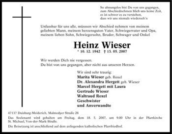 Traueranzeige von Heinz Wieser von Tageszeitung