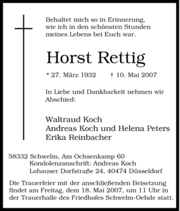 Traueranzeige von Horst Rettig von Tageszeitung