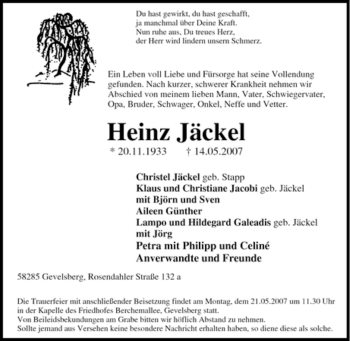 Traueranzeige von Heinz Jäckel von Tageszeitung
