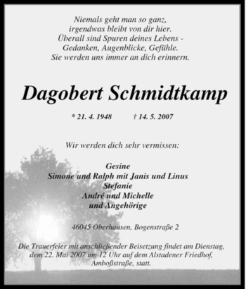 Traueranzeige von Dagobert Schmidtkamp von Tageszeitung