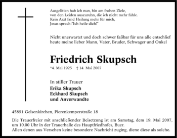 Traueranzeige von Friedrich Skupsch von Tageszeitung