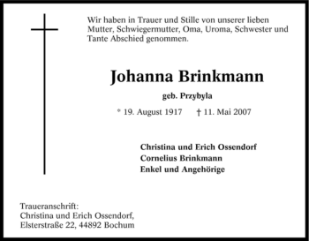 Traueranzeige von Johanna Brinkmann von Tageszeitung