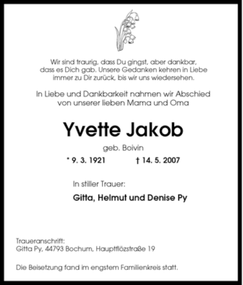 Traueranzeige von Yvette Jakob von Tageszeitung