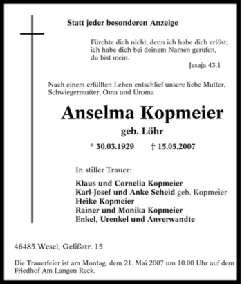 Traueranzeige von Anselma Kopmeier von Tageszeitung