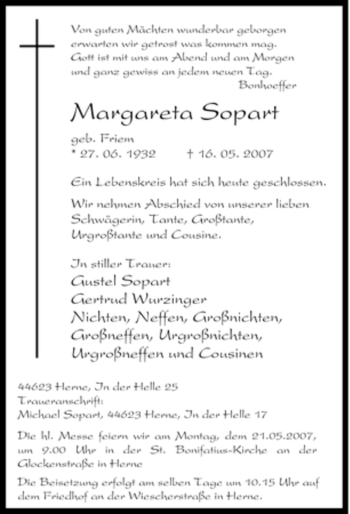 Traueranzeige von Margareta Sopart von Tageszeitung