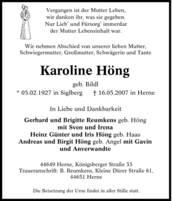 Traueranzeige von Karoline Höng von Tageszeitung