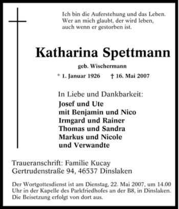 Traueranzeige von Katharina Spettmann von Tageszeitung