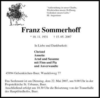 Traueranzeige von Franz Sommerhoff von Tageszeitung