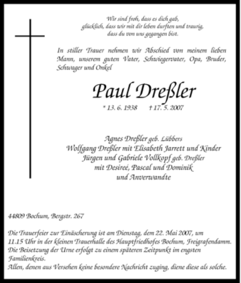 Traueranzeige von Paul Dreßler von Tageszeitung