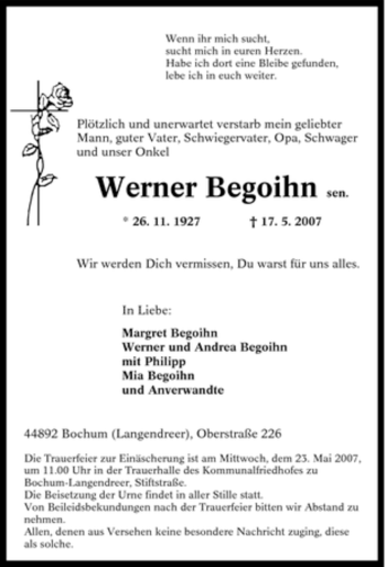 Traueranzeige von Werner Begoihn von Tageszeitung
