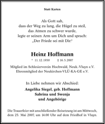 Traueranzeige von Heinz Hoffmann von Tageszeitung