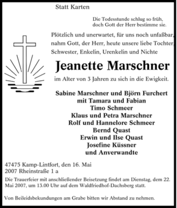 Traueranzeige von Jeanette Marschner von Tageszeitung
