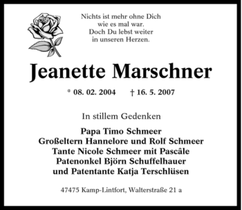 Traueranzeige von Jeanette Marschner von Tageszeitung