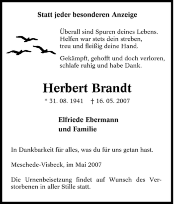 Traueranzeige von Herbert Brandt von Tageszeitung