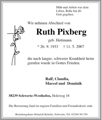 Traueranzeige von Ruth Pixberg von Tageszeitung