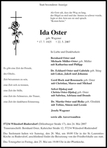 Traueranzeige von Ida Oster von Tageszeitung
