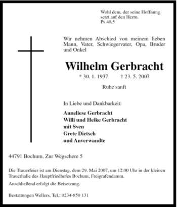Traueranzeige von Wilhelm Gerbracht von Tageszeitung