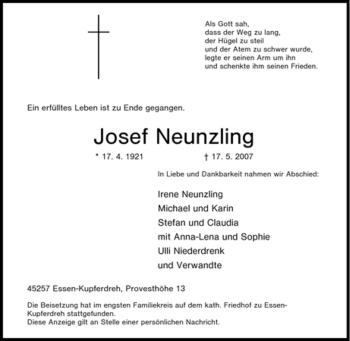 Traueranzeige von Josef Neunzling von Tageszeitung