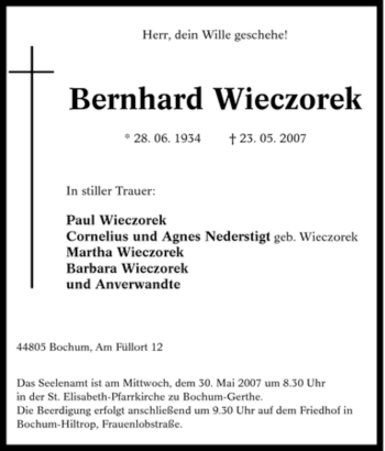 Traueranzeige von Bernhard Wieczorek von Tageszeitung