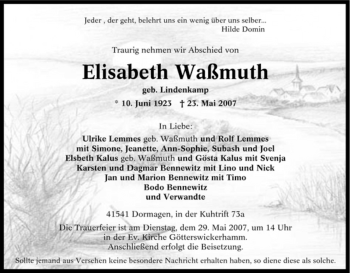 Traueranzeige von Elisabeth Waßmuth von Tageszeitung