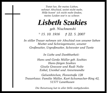 Traueranzeige von Lisbeth Szukies von Tageszeitung
