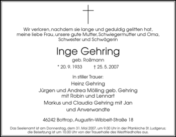 Traueranzeige von Inge Gehring von Tageszeitung