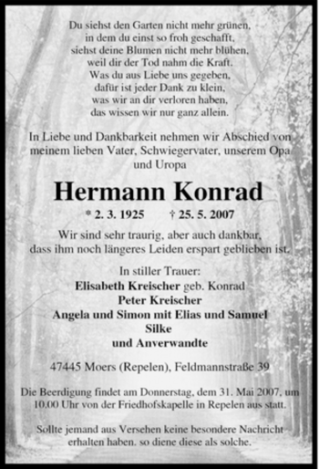 Traueranzeige von Hermann Konrad von Tageszeitung