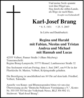 Traueranzeige von Karl-Josef Brang von Tageszeitung