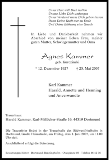 Traueranzeige von Agnes Kammer von Tageszeitung