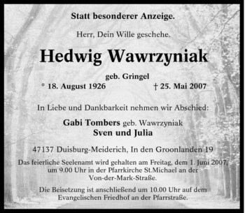 Traueranzeige von Hedwig Wawrzyniak von Tageszeitung