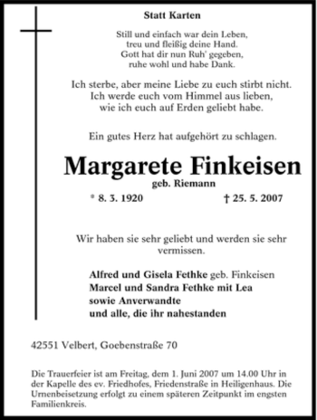 Traueranzeige von Margarete Finkeisen von Tageszeitung