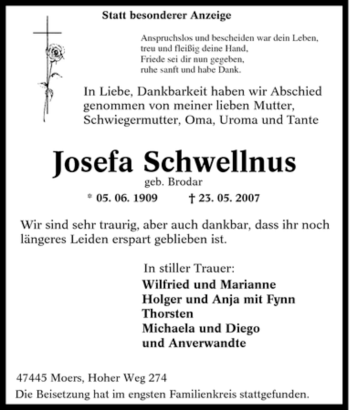 Traueranzeige von Josefa Schwellnus von Tageszeitung