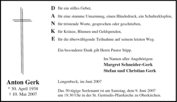 Traueranzeige von Anton Gerk von Tageszeitung