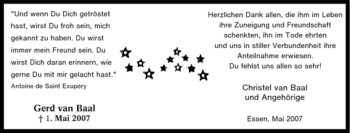 Traueranzeige von Gerd van Baal von Tageszeitung