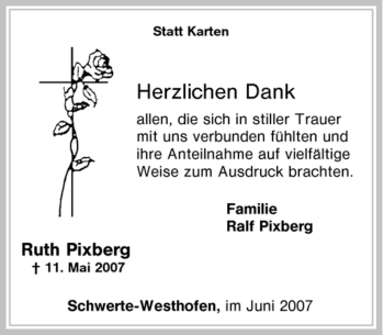 Traueranzeige von Ruth Pixberg von Tageszeitung