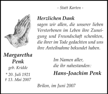 Traueranzeige von Margaretha Penk von Tageszeitung