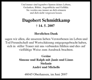 Traueranzeige von Dagobert Schmidtkamp von Tageszeitung