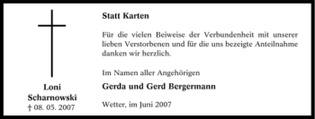 Traueranzeige von Loni Scharnowski von Tageszeitung